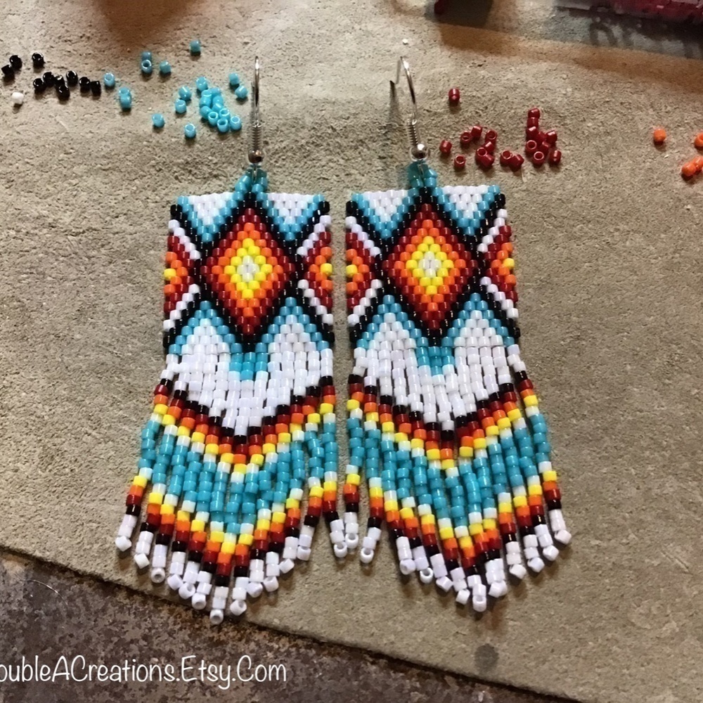 Native Diamond Beaded Earrings, New, Handmade by Me - Picture 3 of 4